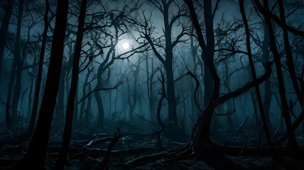 A dark, eerie forest with twisted branches silhouetted against the moon’s dim glow, as thick mist drifts, making the shadows feel alive.
