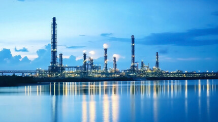 Obraz premium Refinery plant area at twilight with river