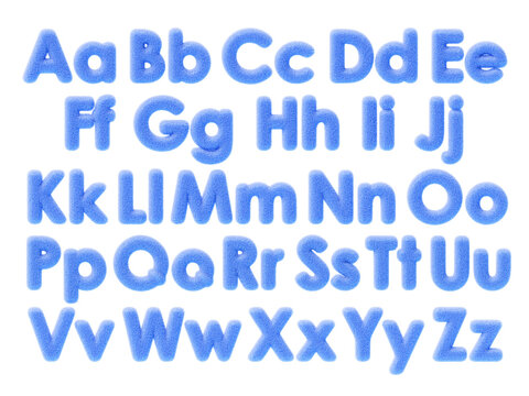 3d blue fur font, fluffy alphabet of uppercase and lowercase letters. English abc with hair texture for fun education kids. Fuzzy capital and small letters of soft wool felt render. 3D illustration