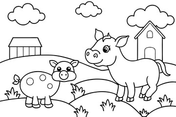 farm animals in field coloring page for kids line art silhouette vector illustration