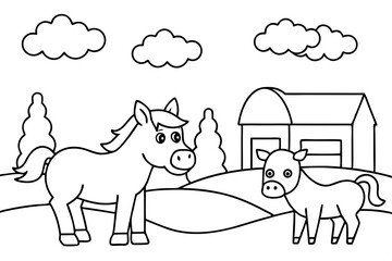 farm animals in field coloring page for kids line art silhouette vector illustration