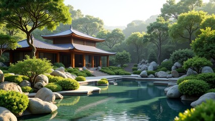Naklejka premium A serene Japanese garden with a pond, trees, and a traditional house