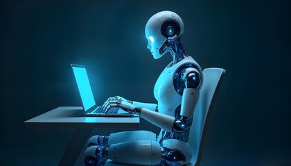 A futuristic humanoid robot is sitting on a chair and work on laptop 