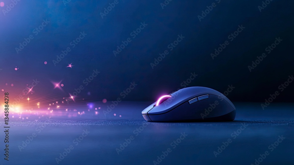 Poster wireless mouse on dark background with glowing particles