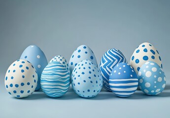 Decorative blue and white eggs with patterns on a soft blue background, perfect for Easter, spring celebrations, and artistic inspiration for crafts and designs.