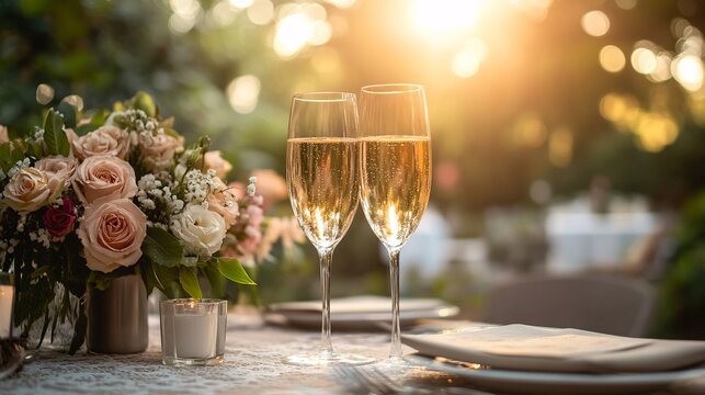 Two glasses of sparkling wine sit on an elegant table