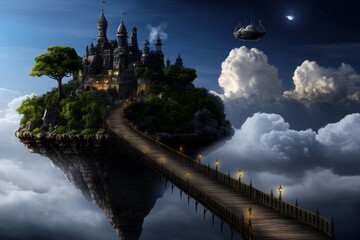 A fantasy steampunk world map, featuring floating islands connected by steam-powered bridges, flying airships, and mysterious ancient ruins