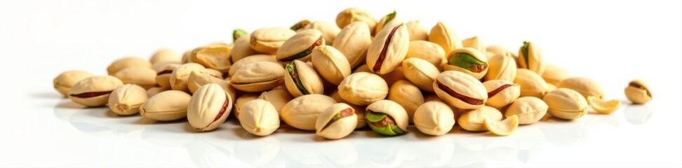 Fototapeta premium Chopped pistachios, isolated pile, white background, overhead , background, delicious