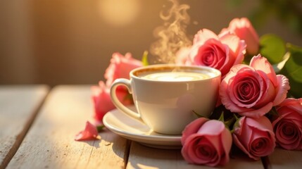 Aromatic Coffee with a Heart Design in a White Mug, Nestled Among a Bouquet of Delicate Pink Roses on a Rustic Wooden Table, Bathed in Warm Golden Sunlight