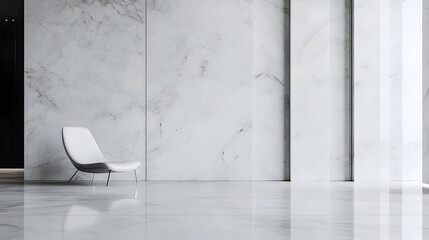 A white seat in front of a minimalist-style marble wall