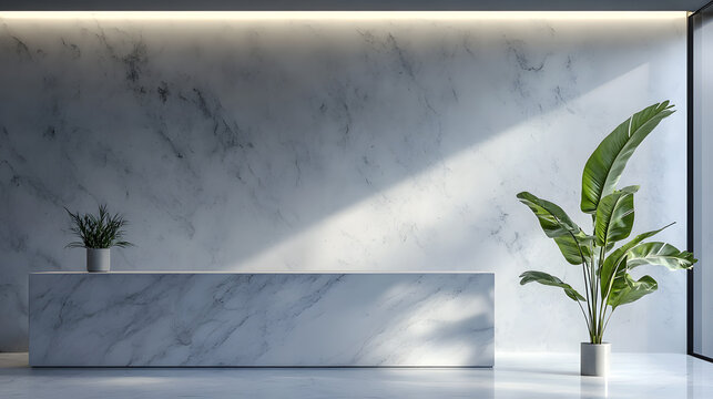 Simple marble front desk with green plant illustrations