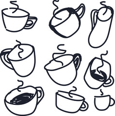 A set of cartoon simple icons in the form of mugs with hot drinks.
