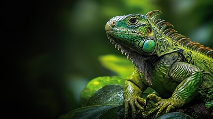 Naklejka premium Green iguana perched on vibrant foliage, showcasing intricate scales and intense gaze against a dark, blurred background.
