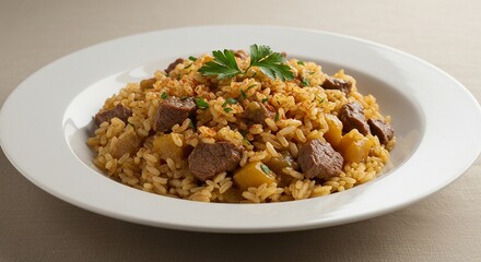 Delicious Beef and Rice Dish with Vegetables on a White Plate