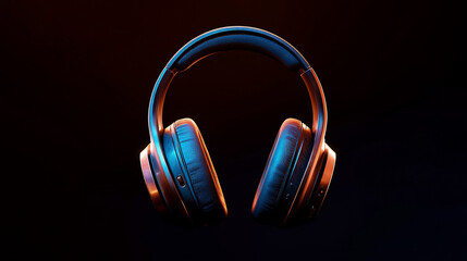 Over-ear headphones illuminated with blue and orange light against a dark background.