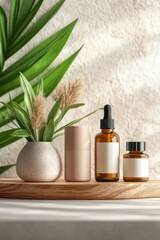 Stylish display of skincare bottles and a decorative plant