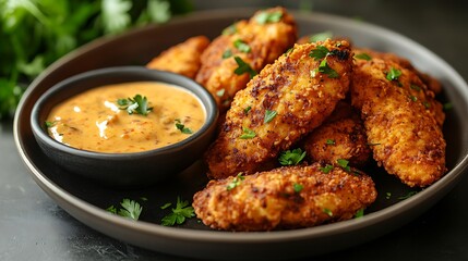 A sizzling plate of crispy, golden Cajun-spiced fried chicken tenders, coated in a bold blend of smoked paprika, cayenne, and garlic,