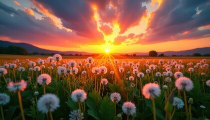 Fototapeta premium Fiery sunset over a sea of white dandelions, breathtaking scene , fire, idyllic