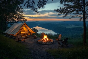 Serene Sunset Campsite Illuminated Tent, Campfire, and River View