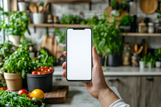 man hand shows white screen of smartphone against kitchen, copy space
