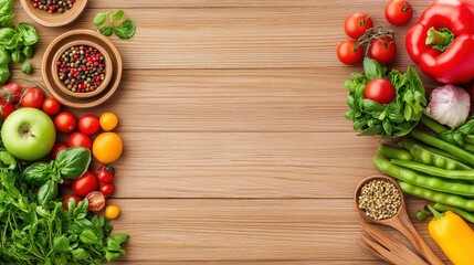 A vibrant arrangement of fresh vegetables and herbs on a wooden surface, showcasing a variety of colors and textures.