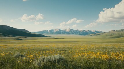 Obraz premium Expansive green meadow with vibrant yellow wildflowers and mountains