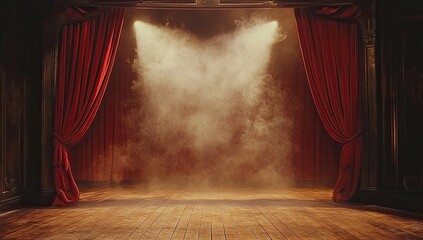 Stage with red curtains, spotlights, and fog