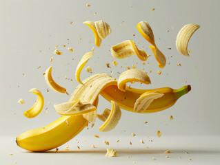 Bananas in splashes of juice on transparent background.