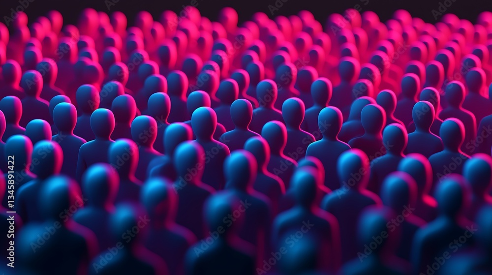 Poster a vibrant crowd of stylized figures in blue and pink hues, creating a striking visual effect that sy