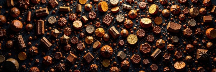 Fototapeta premium Intricate char patterns, varied shades of brown & black, wooden background, detail