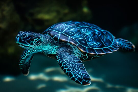 A genetically modified turtle with bioluminescent patterns on its shell, swimming through an artificial ocean in a high-tech lab