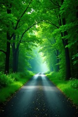 Obraz premium Serene Pathway Through a Lush Green Canopy of Trees on a Misty Morning