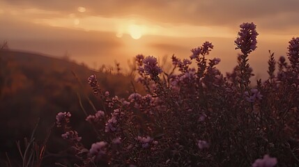 Sunset wildflowers, hilltop, hazy sky, peaceful nature scene, website banner