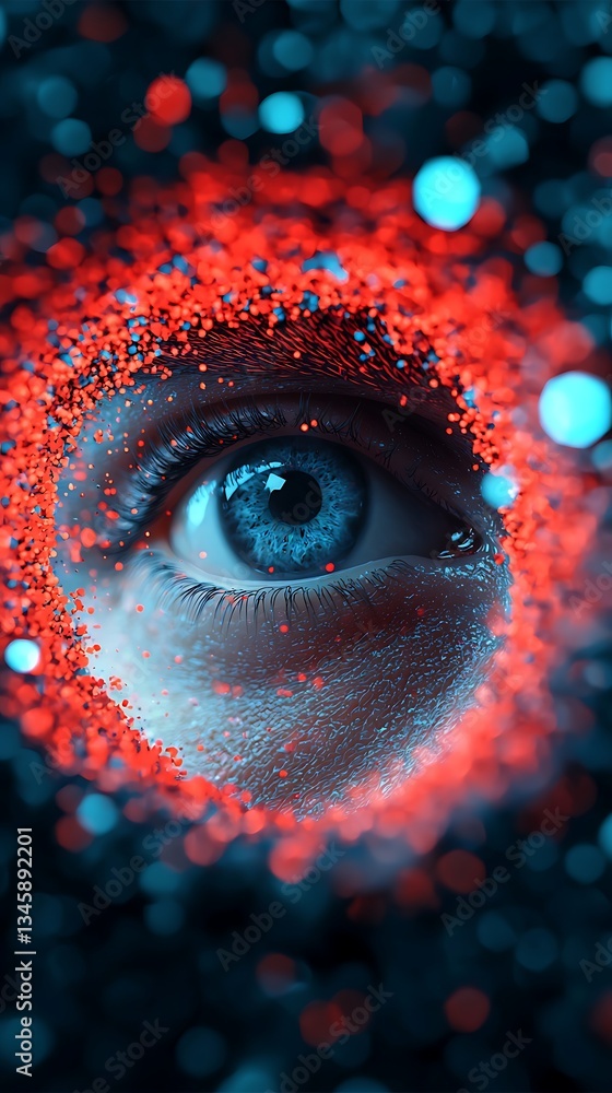 Poster a close-up of an eye surrounded by vibrant red and blue bokeh effects, creating a mesmerizing, artis