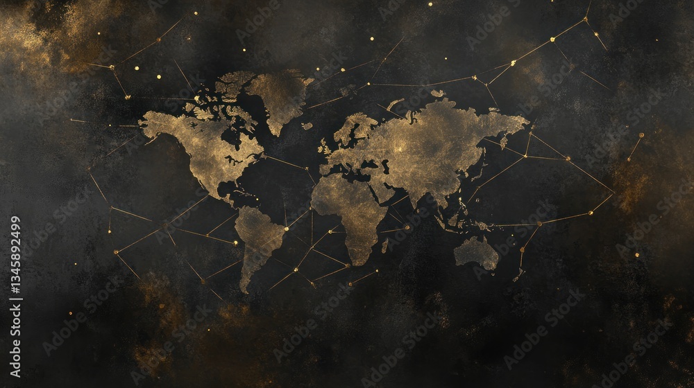 Poster grunge world map with gold network connections.