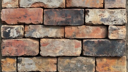 Obraz premium Close-up of a rustic brick wall with brown, red, and grey tones, showcasing the texture of aged and weathered bricks