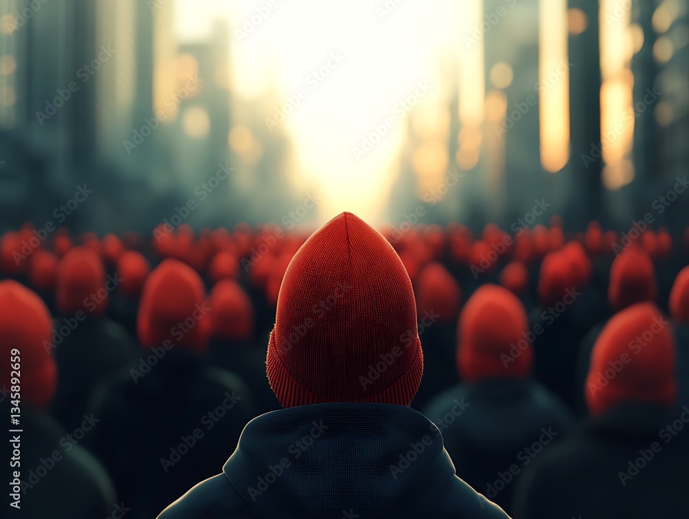 Poster a crowd of individuals wearing red hats stands silhouetted against a glowing background, creating a 
