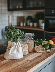 modern kitchen with reusable glass jars filled with organic grains, a stylish linen bag of fresh produce, and a wooden countertop with a plant-based meal being prepared