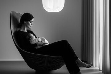 mother in an elegant, monochrome outfit, holding her baby while sitting in a modern, sculptural chair