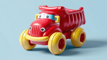 Fototapeta premium Colorful toy dump truck with large wheels on a light background.