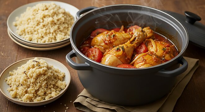 A flavorful Ivorian chicken stew cooked in a sealed pot with tomatoes, onions, and spices, served with attiéké (fermented cassava couscous).