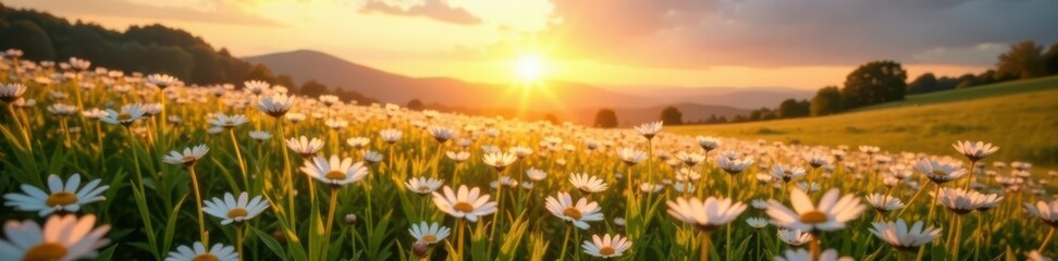 Obraz premium Radiant dawn illuminates endless daisy field, breathtaking view , blooming, scene, breathtaking