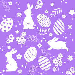 Purple and White Easter seamless square pattern with Easter bunny Easter egg and festive decorative elements in minimalist style.