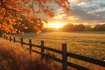 Obraz premium Golden Autumn Sunset Landscape Serene Field with Wooden Fence and Autumn Leaves