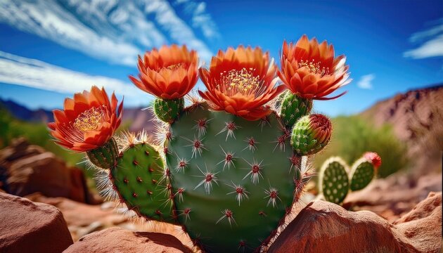 Bright orange cactus flowers blooming in a desert landscape.