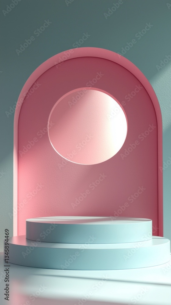 Poster Bright light filters through a circular cutout in a pastel archway, illuminating a tiered display stand below. The gentle colors evoke a calming atmosphere perfect for showcasing objects
