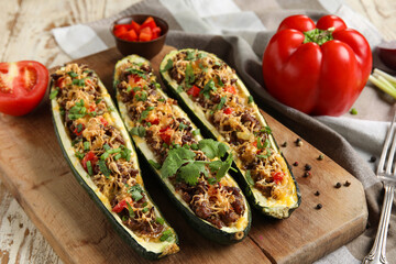 Board with meat stuffed zucchini boats and fresh vegetables on light wooden background