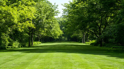 Lush Green Trees And Lawn In Park With Sunlight Creating Shadows And Pathway