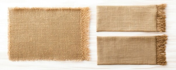 A collection of textured, natural burlap fabric pieces, including a rectangular mat and two smaller strips, displayed on a light wooden background.