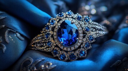 Obraz premium A stunning blue gemstone bracelet rests on luxurious blue silk fabric